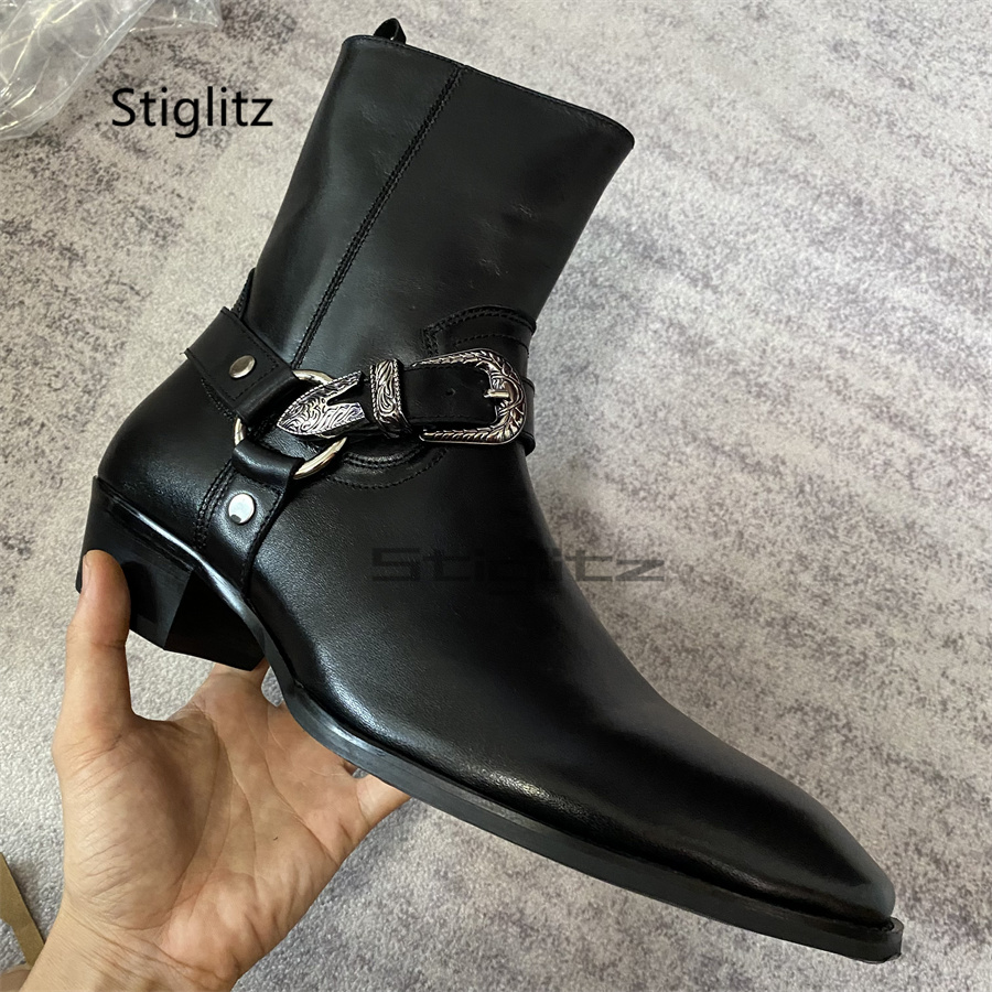Leather Work Western - Męskie botki do kostki z klamrą,